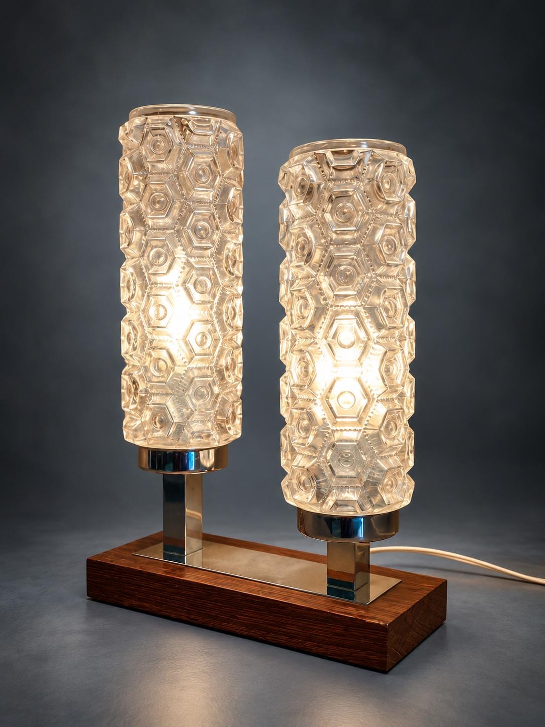 Space Age Double Table Lamp, Twin Textured Glass Cylinders, Chrome-Finish Stems, Wood Base, Mid-Century Modern Twin Light