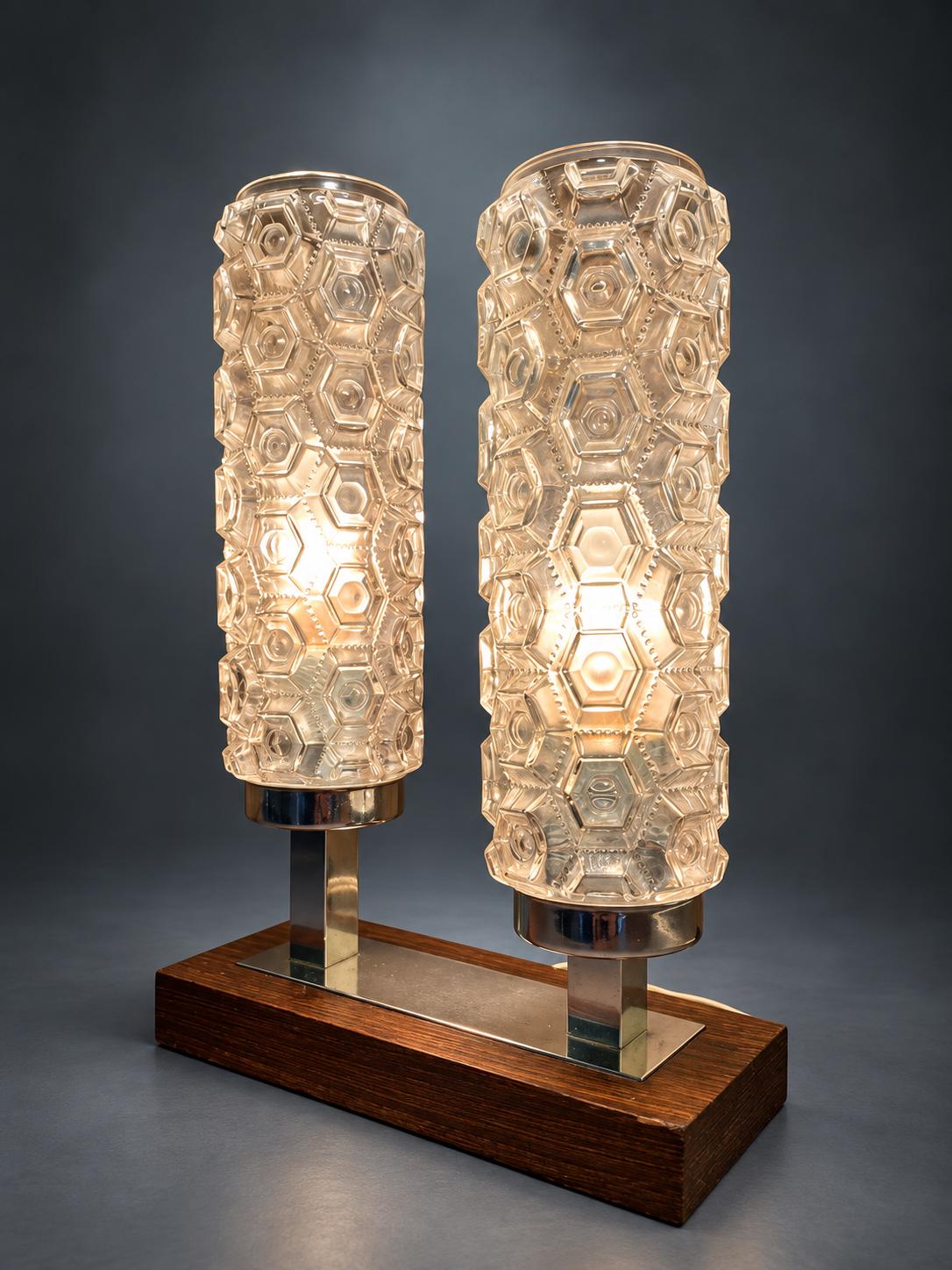 Space Age Double Table Lamp, Twin Textured Glass Cylinders, Chrome-Finish Stems, Wood Base, Mid-Century Modern Twin Light