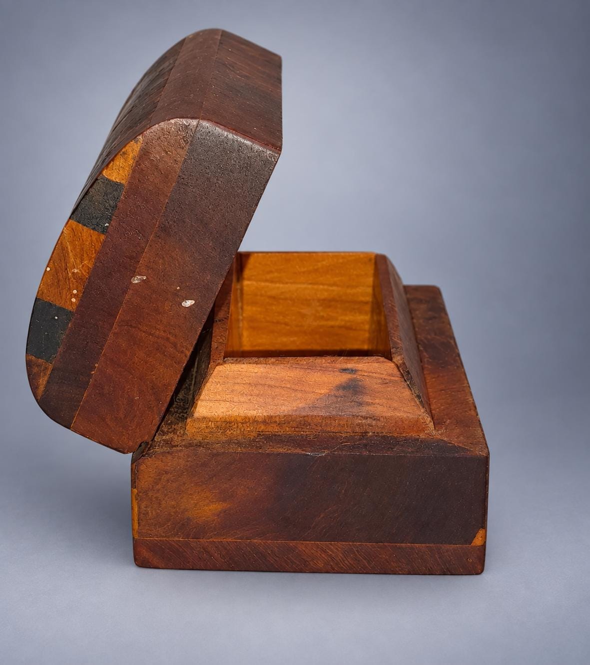 Vintage Burl Wood Marquetry Box, Domed Geometric Inlaid Lid, Miniature Jewellery Keepsake Box, 9.4 cm