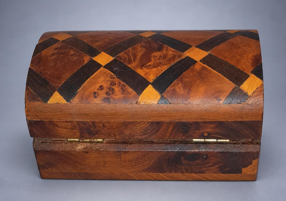 Vintage Burl Wood Marquetry Box, Domed Geometric Inlaid Lid, Miniature Jewellery Keepsake Box, 9.4 cm