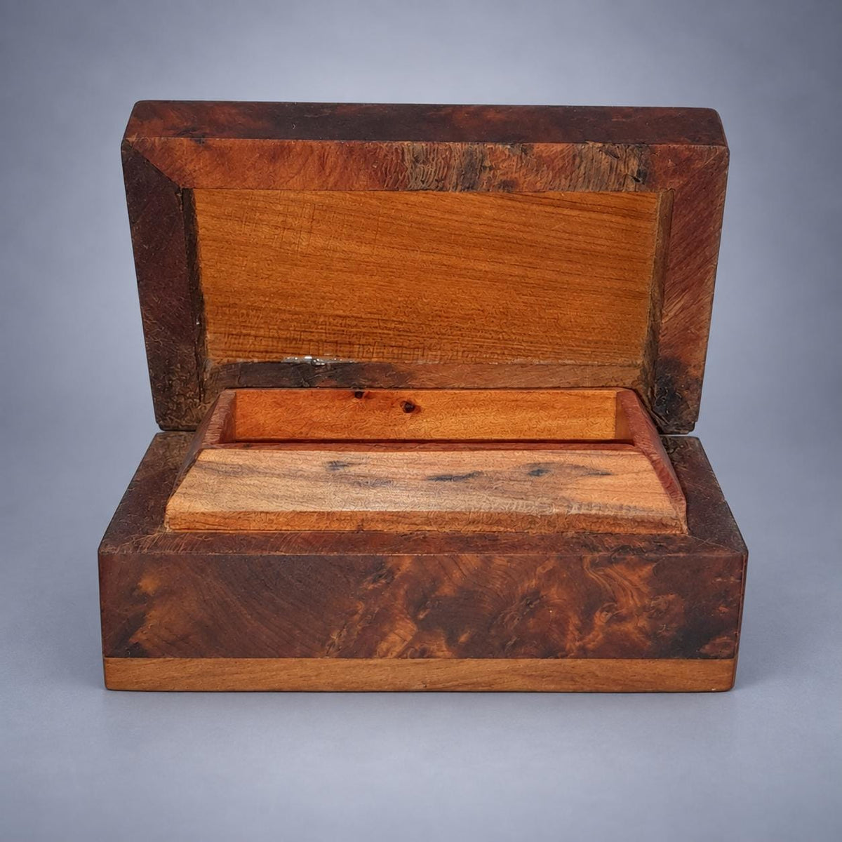Vintage Burl Wood Marquetry Box, Domed Geometric Inlaid Lid, Miniature Jewellery Keepsake Box, 9.4 cm