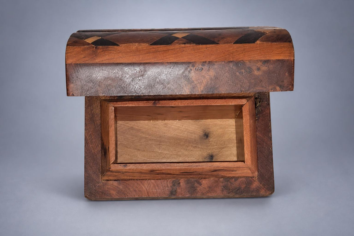 Vintage Burl Wood Marquetry Box, Domed Geometric Inlaid Lid, Miniature Jewellery Keepsake Box, 9.4 cm