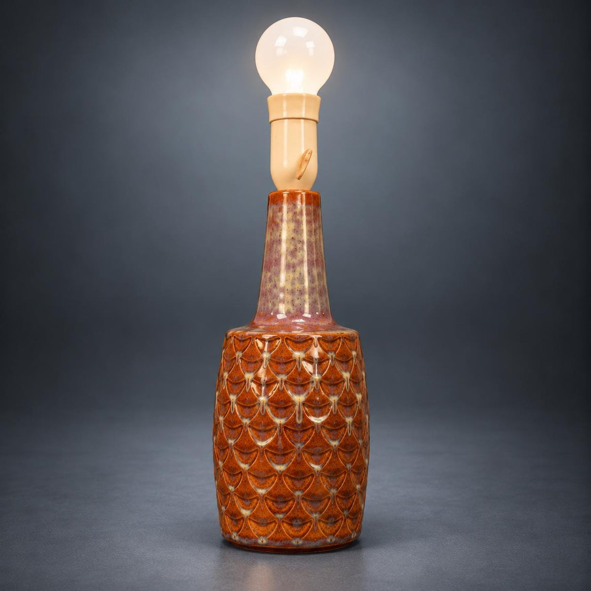 Scandinavian Style Ceramic Table Lamp, Pineapple Scale Relief, Caramel and Aubergine Glaze, Mid-Century Modern Lamp Base