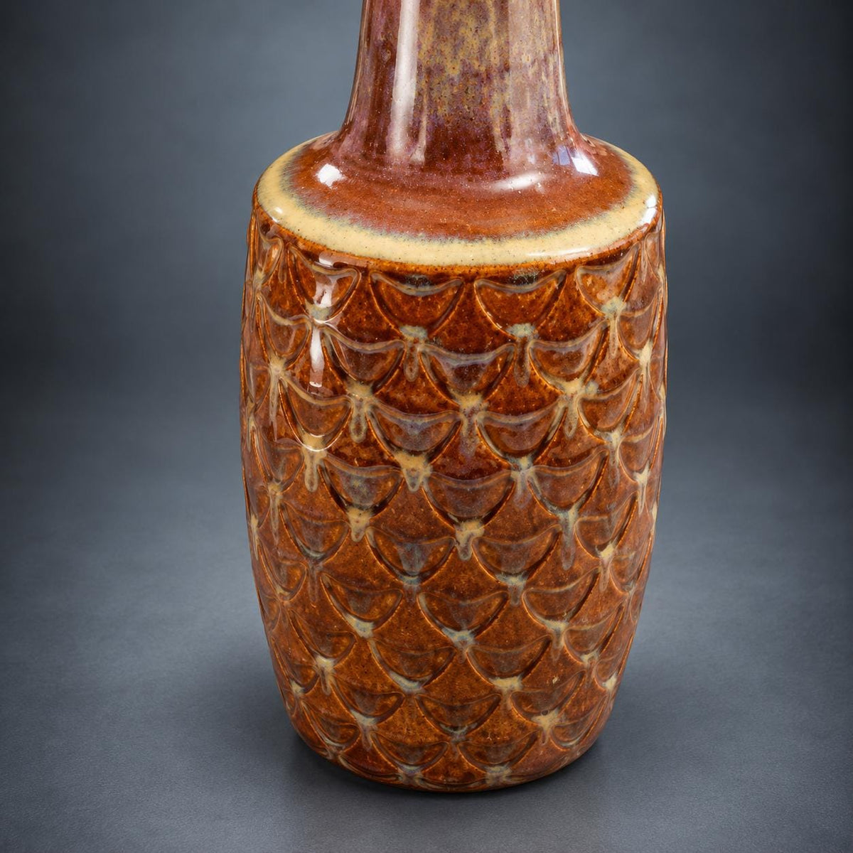 Scandinavian Style Ceramic Table Lamp, Pineapple Scale Relief, Caramel and Aubergine Glaze, Mid-Century Modern Lamp Base