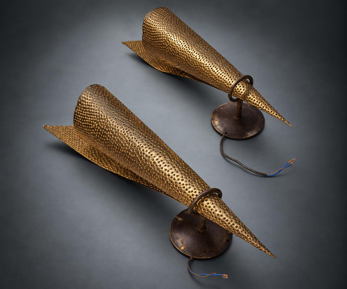 Pair of Perforated Cone Wall Sconces, Gold-Tone Pierced Metal Shades, Dark Metal Backplates, Sculptural Wall Lights