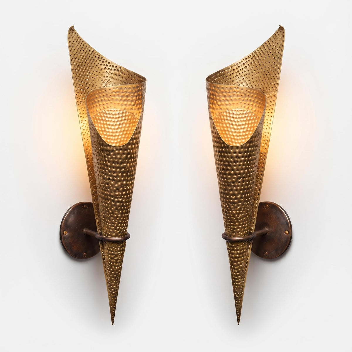 Pair of Perforated Cone Wall Sconces, Gold-Tone Pierced Metal Shades, Dark Metal Backplates, Sculptural Wall Lights