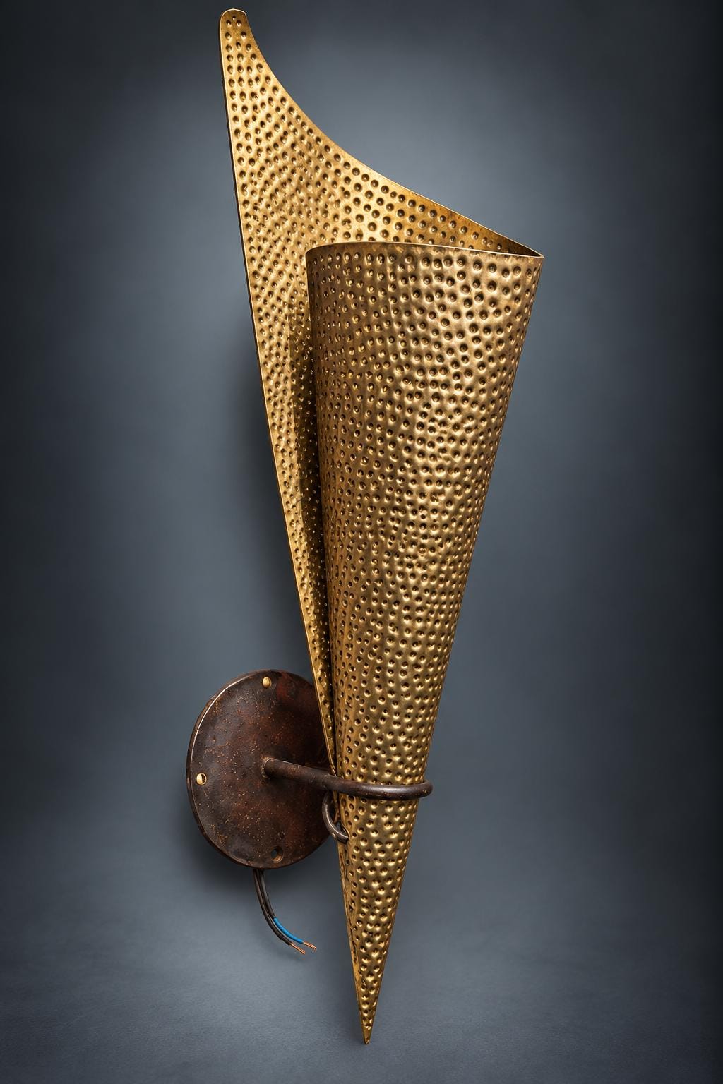 Pair of Perforated Cone Wall Sconces, Gold-Tone Pierced Metal Shades, Dark Metal Backplates, Sculptural Wall Lights