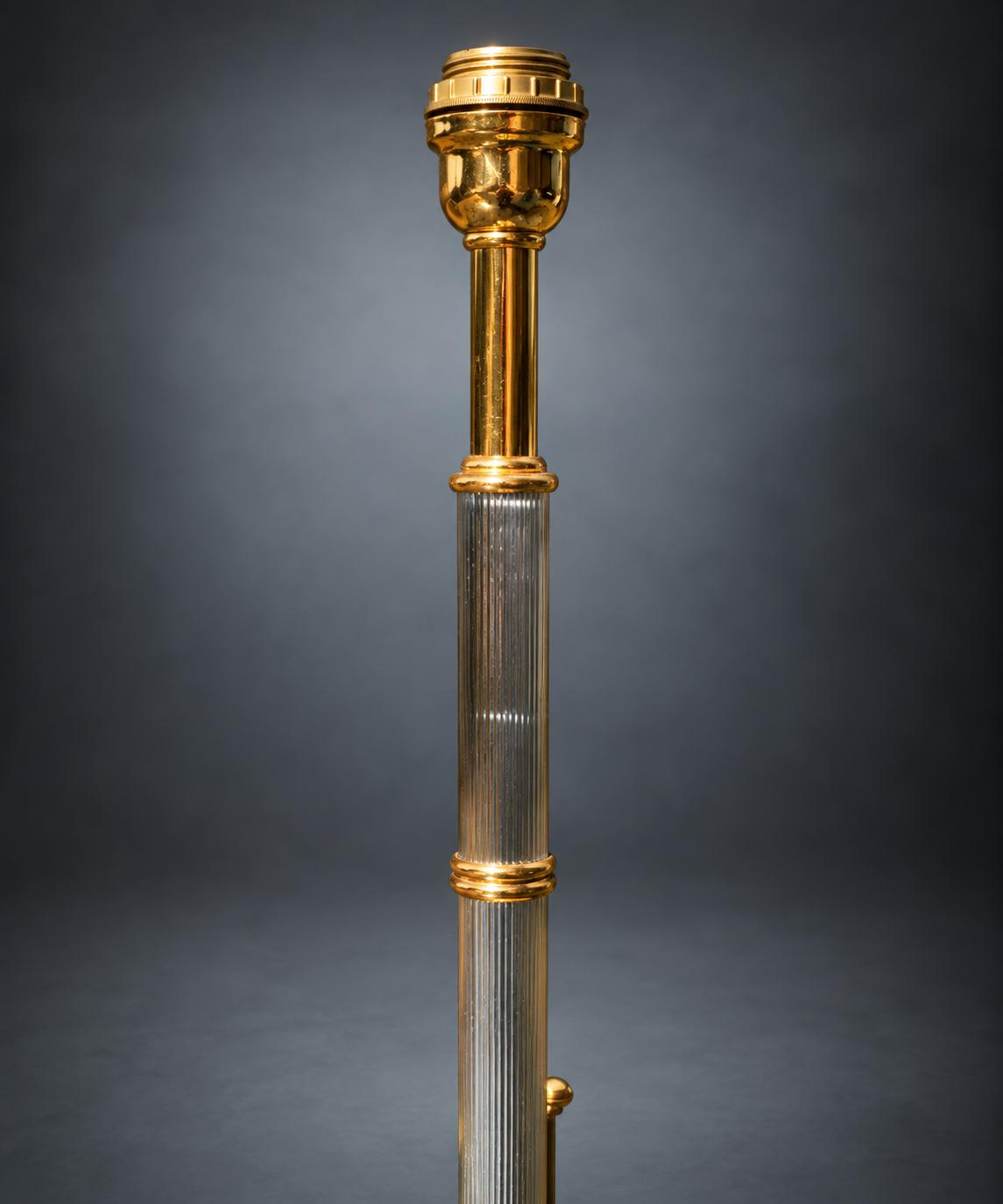 Hollywood Regency Table Lamp, Silver-Tone Ribbed Column with Gold-Tone Rings and Base, Two-Tone Metal Lamp Base