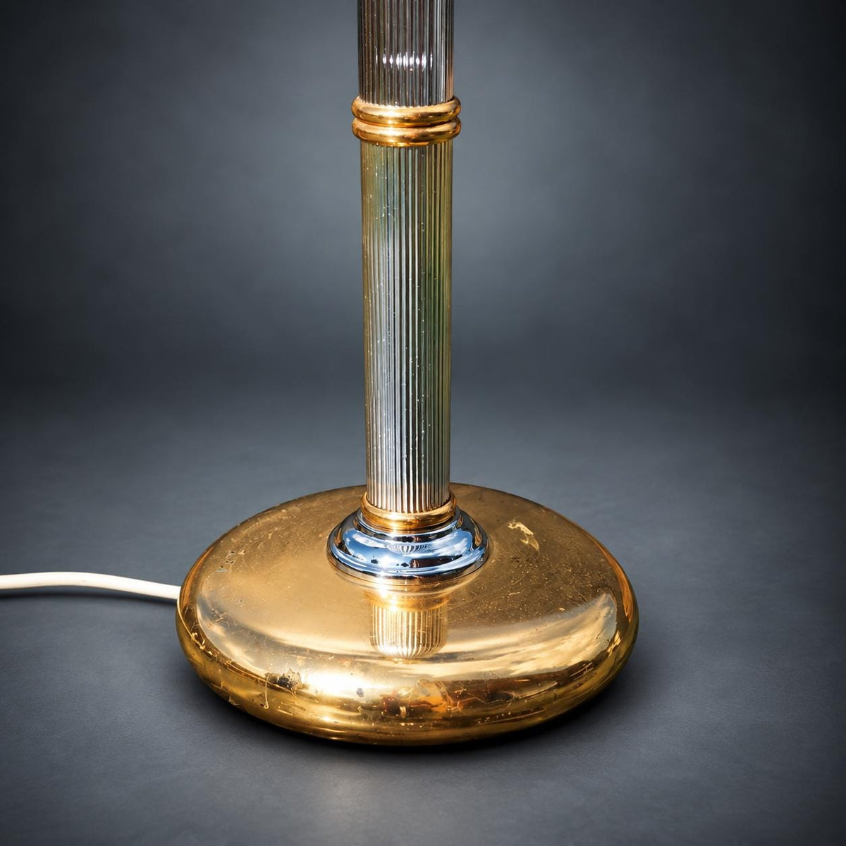 Hollywood Regency Table Lamp, Silver-Tone Ribbed Column with Gold-Tone Rings and Base, Two-Tone Metal Lamp Base