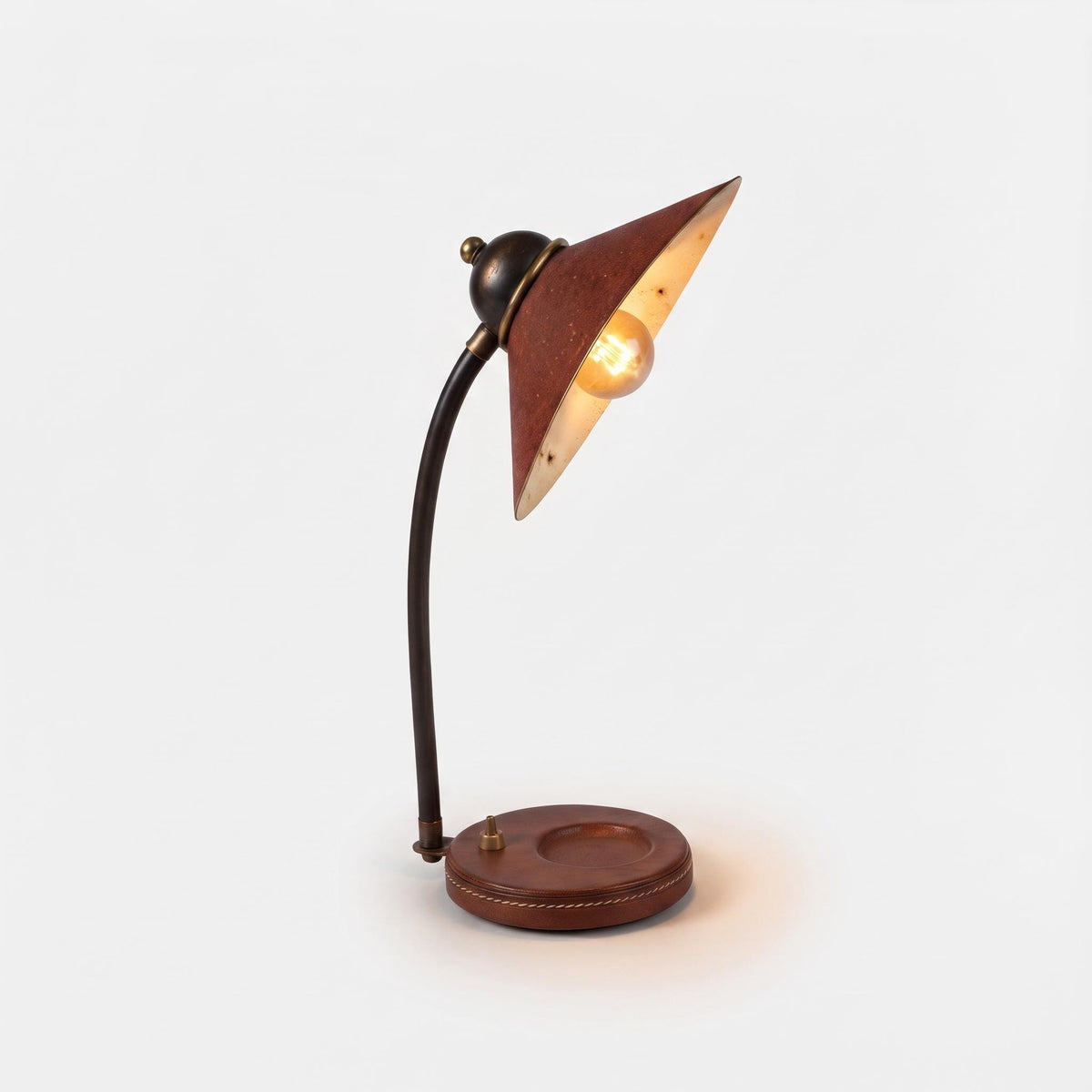 Desk Lamp with Stitched Tan Base and Textured Cone Shade, Dark Metal Curved Arm, Gold-Tone Accents, Classic Study Lamp