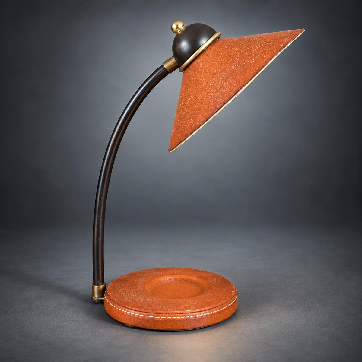 Desk Lamp with Stitched Tan Base and Textured Cone Shade, Dark Metal Curved Arm, Gold-Tone Accents, Classic Study Lamp