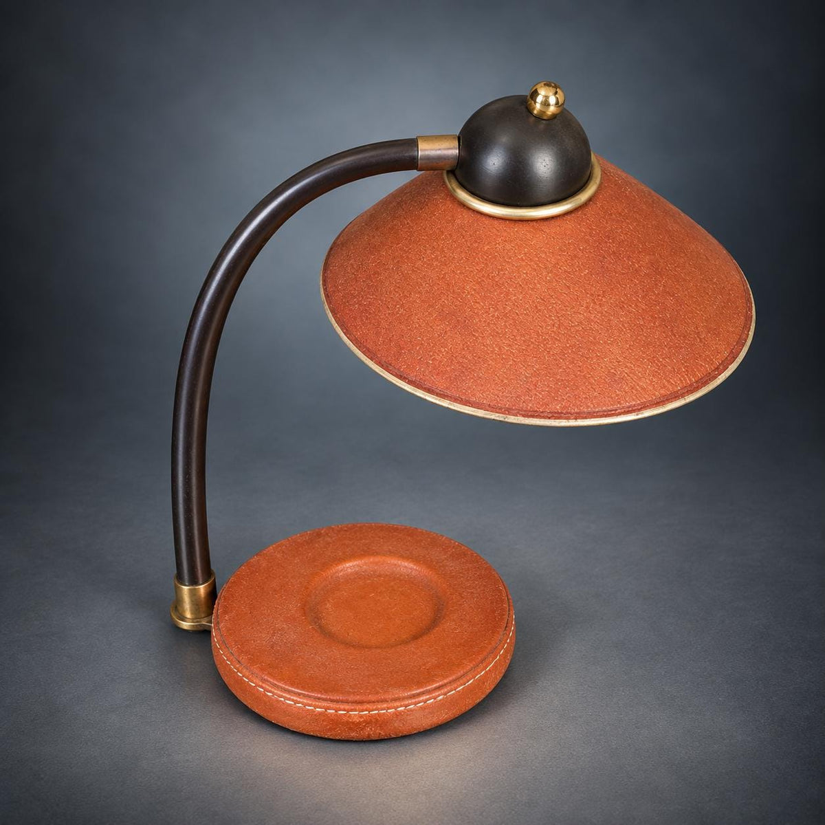 Desk Lamp with Stitched Tan Base and Textured Cone Shade, Dark Metal Curved Arm, Gold-Tone Accents, Classic Study Lamp