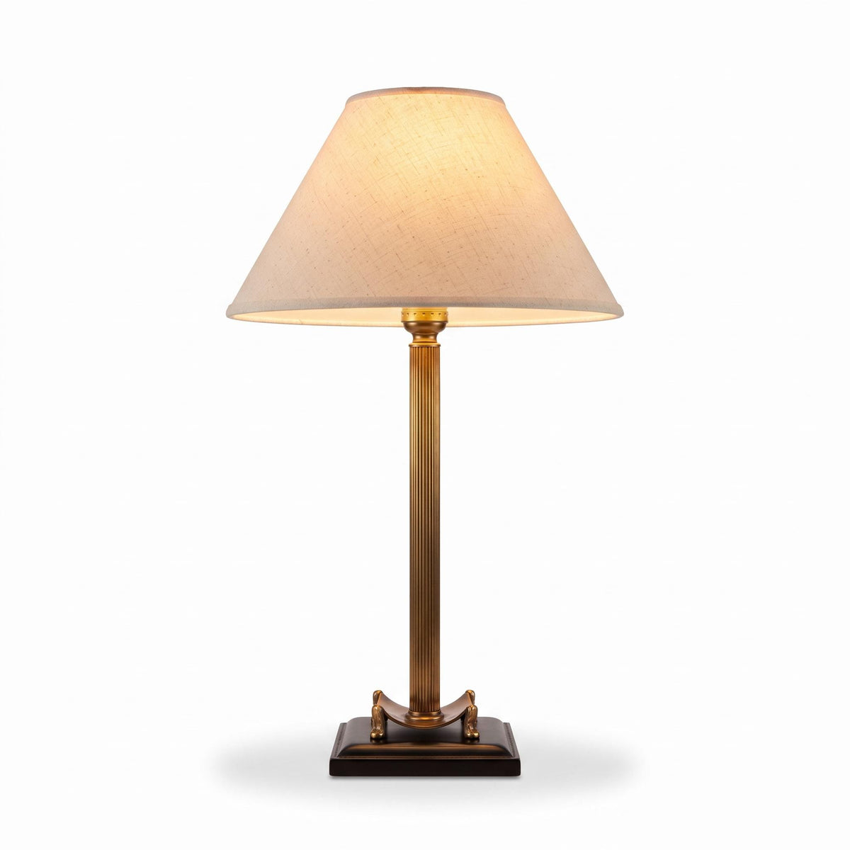 Fluted Column Table Lamp, Gold-Tone Metal with Scroll Feet, Stitched Dark Square Base, Neoclassical Library Lamp