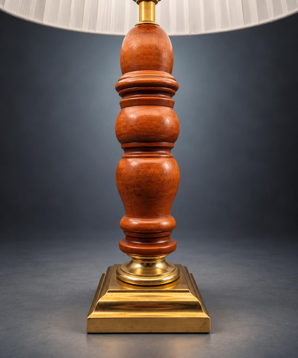 Pair of Turned Wood Table Lamps, Warm Wood Baluster Stems, Gold-Tone Stepped Square Bases, Classic Bedside Lamp Set