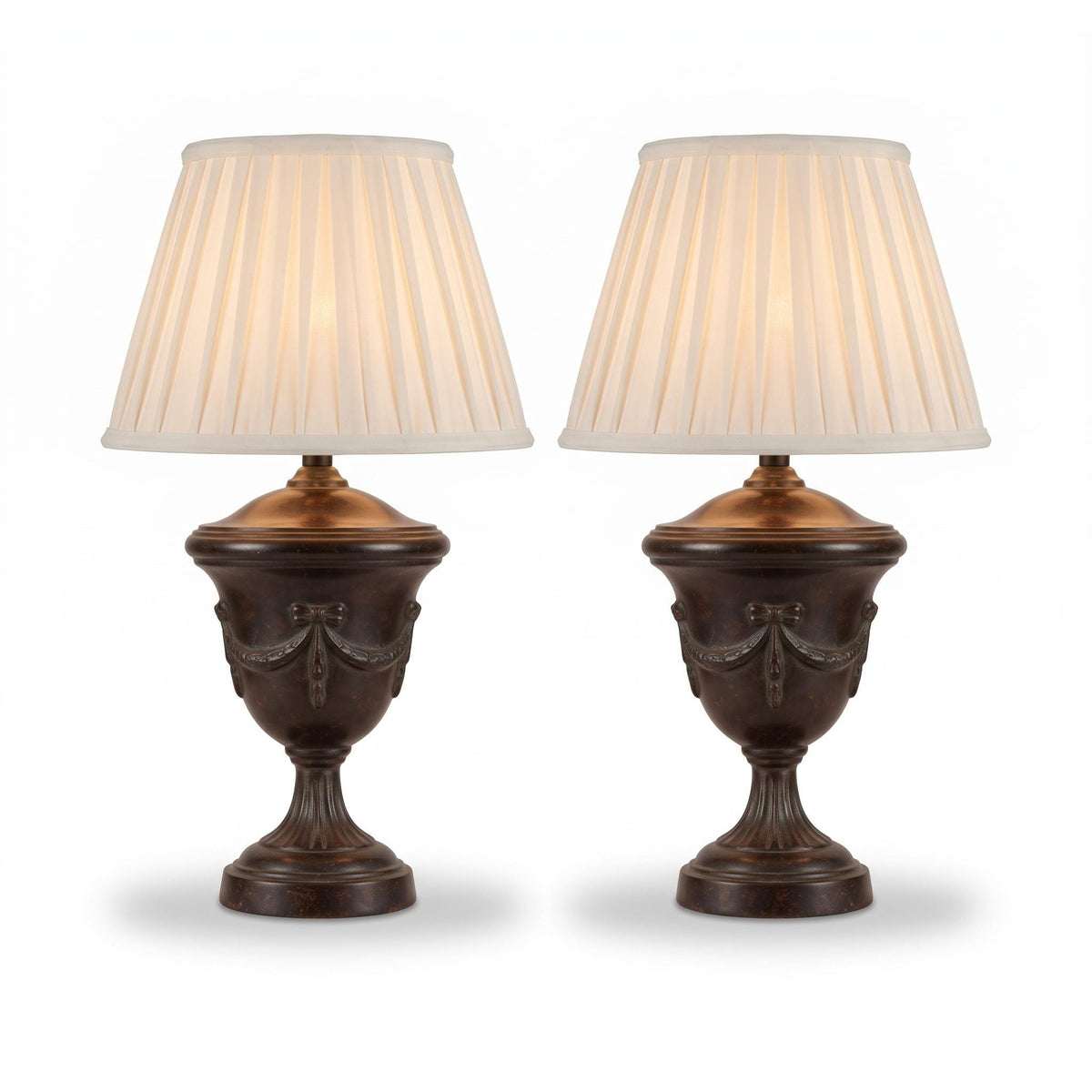 Pair of Urn-Shaped Table Lamps, Dark Patinated Finish, Garland Swags, Fluted Feet (Neoclassical Style)