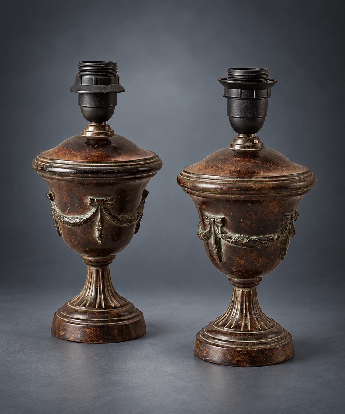 Pair of Urn-Shaped Table Lamps, Dark Patinated Finish, Garland Swags, Fluted Feet (Neoclassical Style)