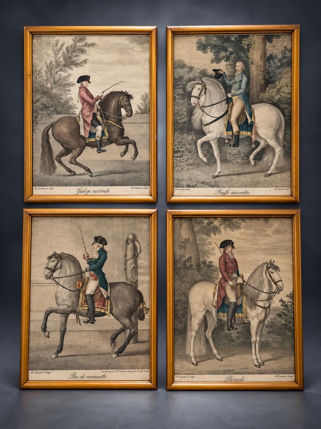 Set of Four Framed Equestrian Prints, Riders in Riding School Poses, Spanish Titles, Gold-Tone Frames Under Glass
