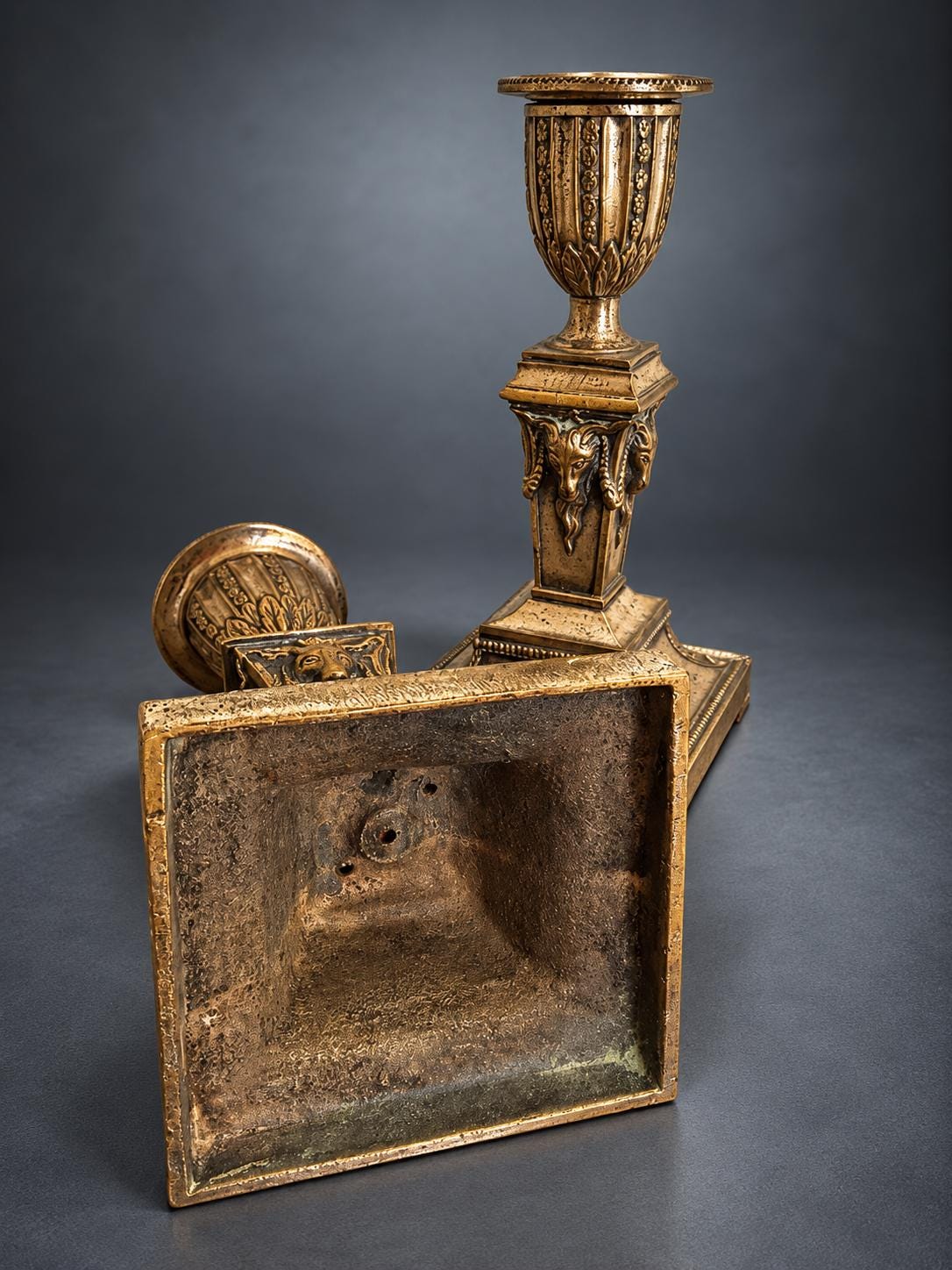 Pair of Neoclassical Candlesticks, Silver-Tone Metal with Ram's Heads and Garlands, Fluted Urn Sconces, Warm Worn Finish