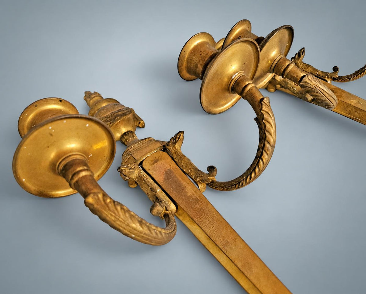 Pair of Antique French Gilt Bronze Candle Wall Sconces, Empire Flambeau Two-Arm — France, Early 19th Century