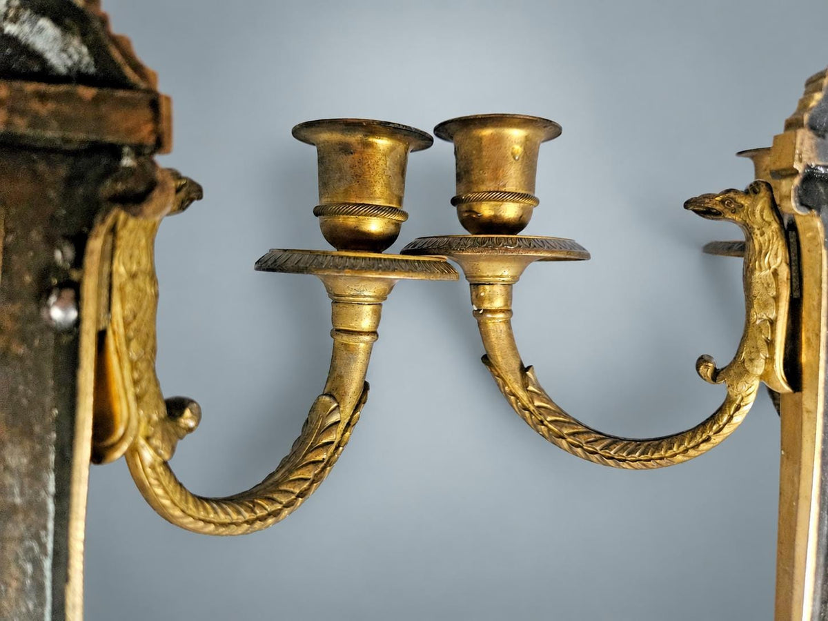 Pair of Antique French Gilt Bronze Candle Wall Sconces, Empire Flambeau Two-Arm — France, Early 19th Century