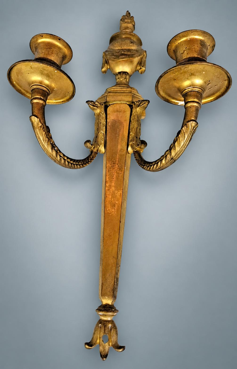 Pair of Antique French Gilt Bronze Candle Wall Sconces, Empire Flambeau Two-Arm — France, Early 19th Century