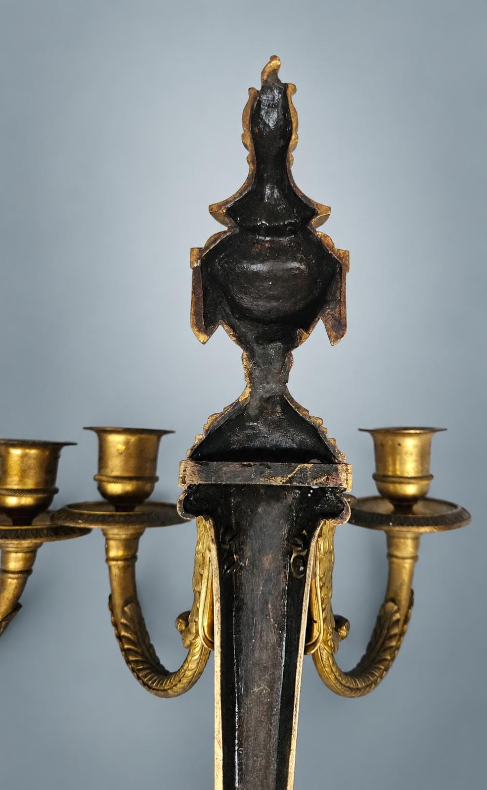 Pair of Antique French Gilt Bronze Candle Wall Sconces, Empire Flambeau Two-Arm — France, Early 19th Century