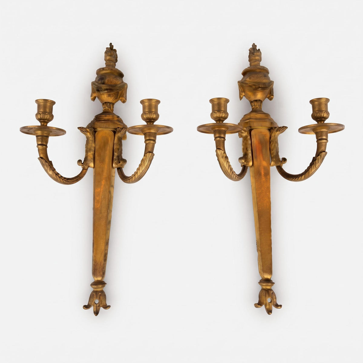 Pair of Antique French Gilt Bronze Candle Wall Sconces, Empire Flambeau Two-Arm — France, Early 19th Century