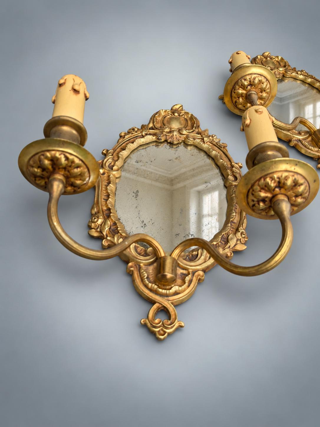 Pair of French Gilt Bronze Mirror Wall Sconces, Louis XV Rocaille Style — France, Early 20th Century
