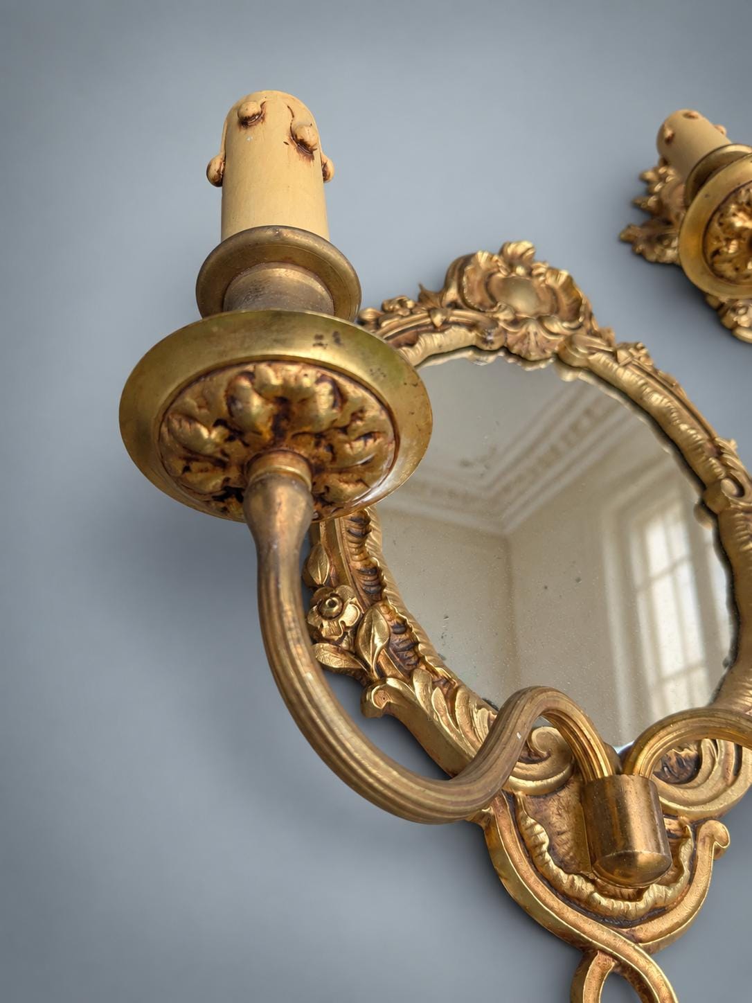 Pair of French Gilt Bronze Mirror Wall Sconces, Louis XV Rocaille Style — France, Early 20th Century