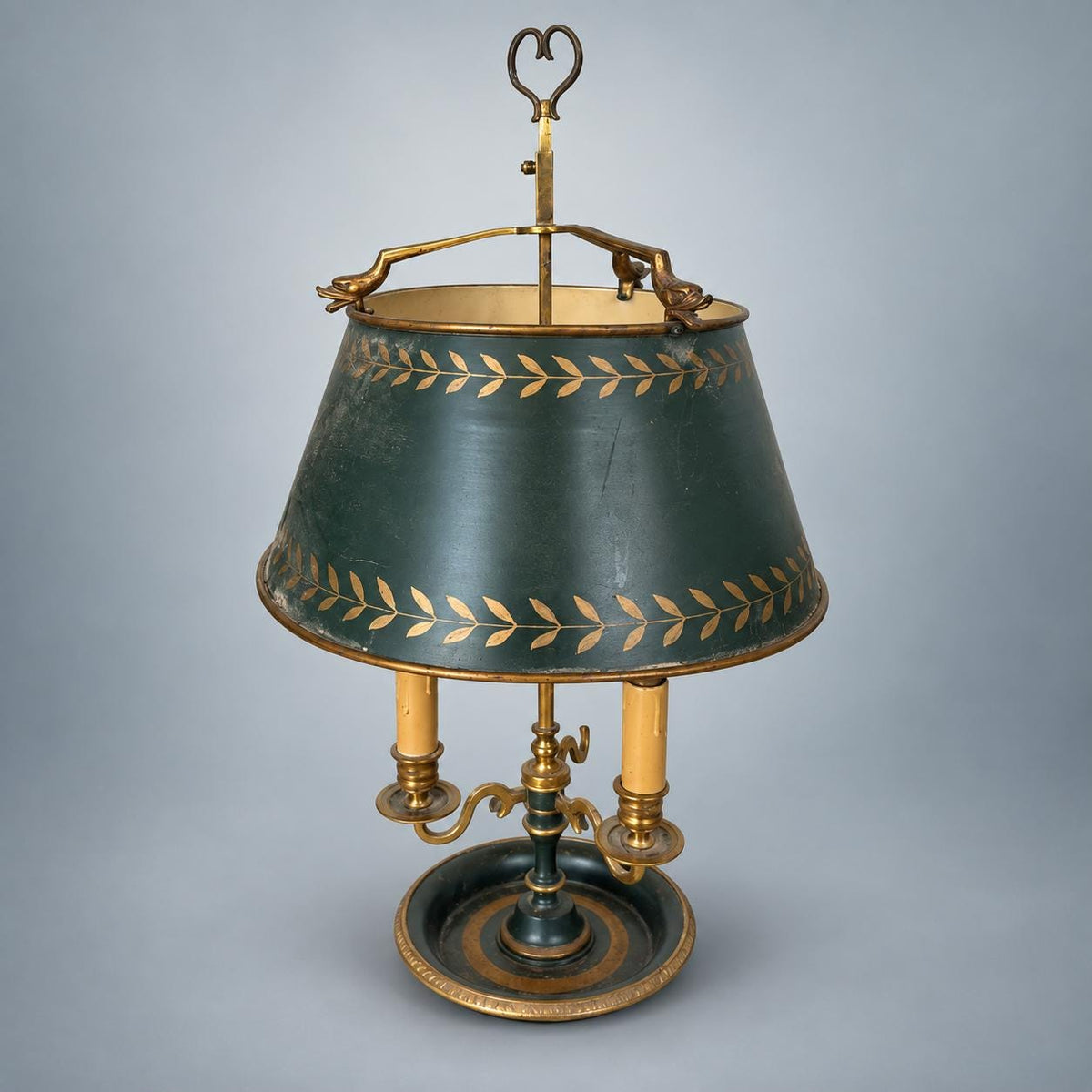 Antique French Three-Arm Bouillotte Lamp, Green Tole Shade with Gilt Laurel — France, Early 20th Century
