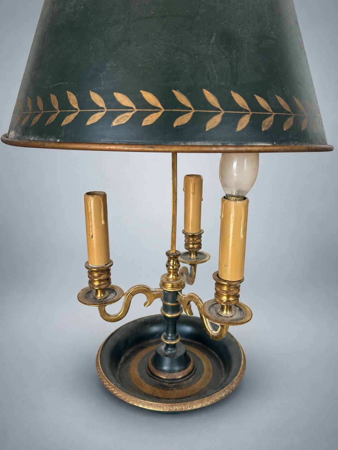 Antique French Three-Arm Bouillotte Lamp, Green Tole Shade with Gilt Laurel — France, Early 20th Century