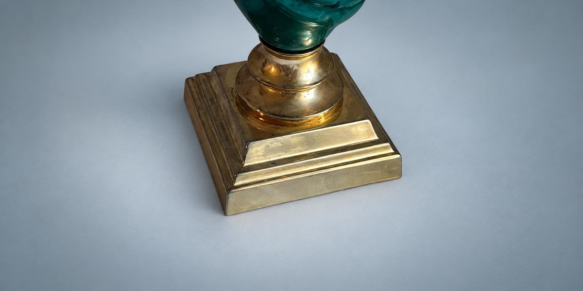 Vintage French Table Lamp, Deschuyteneur, Malachite Effect Ceramic and Brass — France, circa 1970