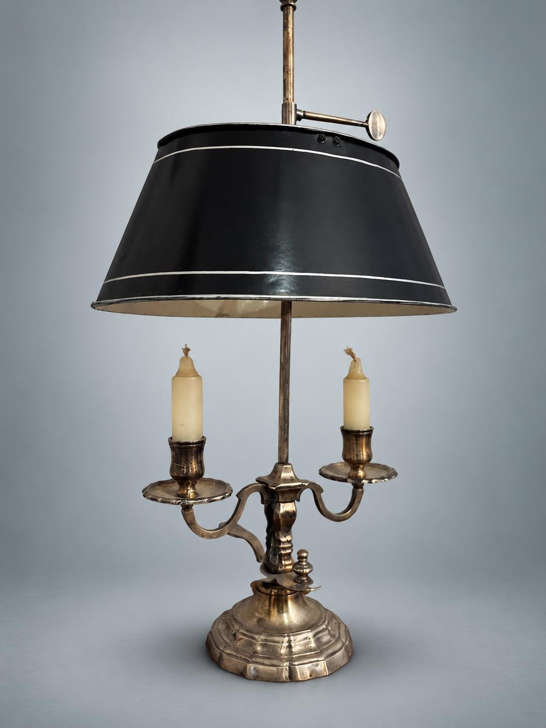 Antique French Bouillotte Lamp, Silvered Metal with Black Tole Shade — France, circa 1920