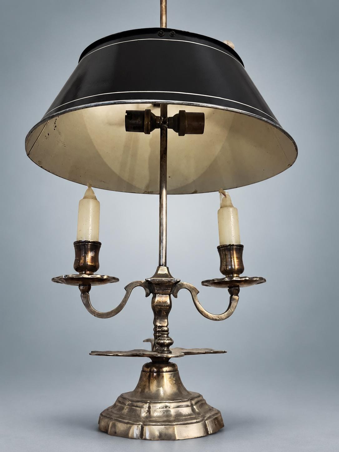 Antique French Bouillotte Lamp, Silvered Metal with Black Tole Shade — France, circa 1920