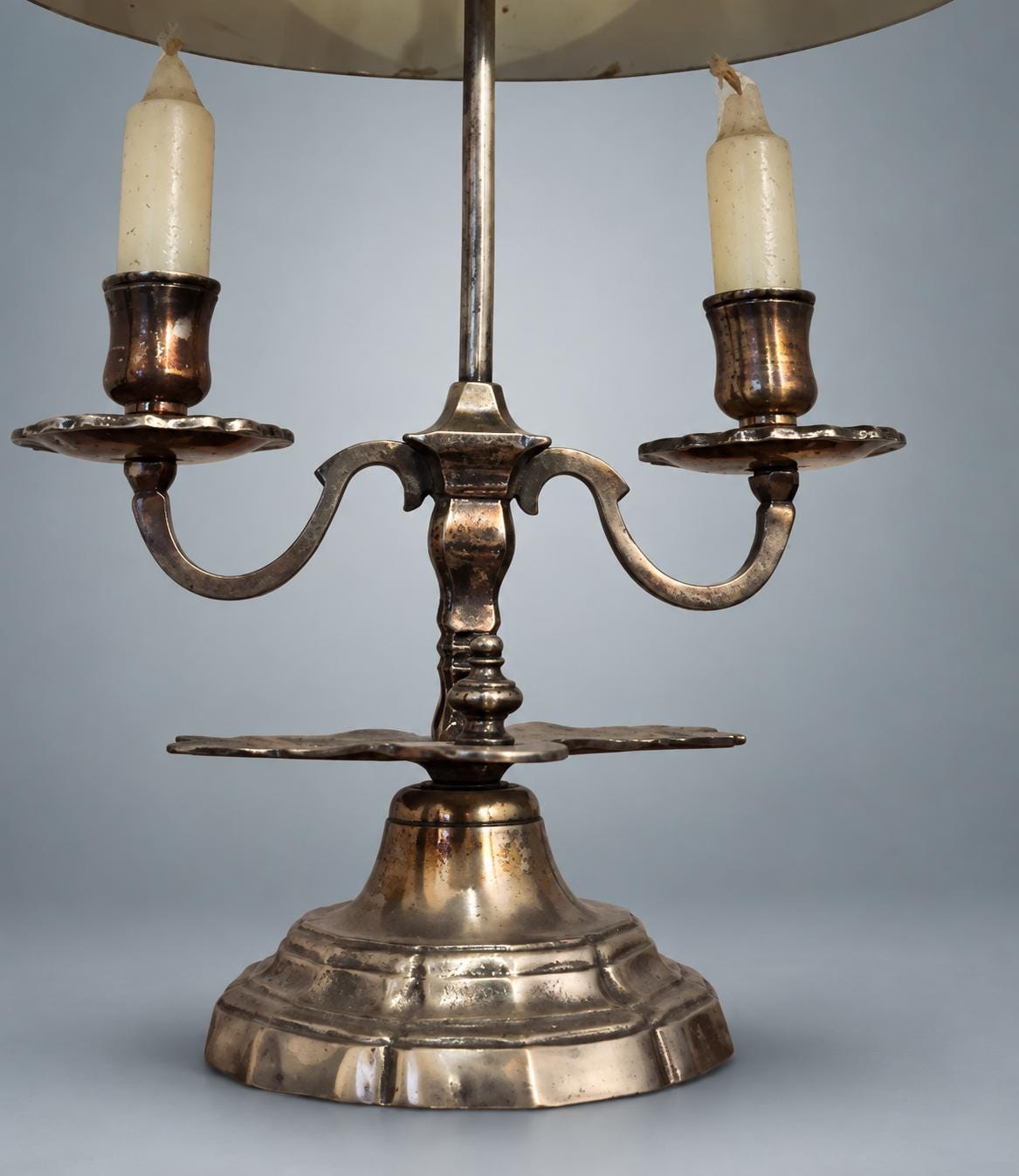 Antique French Bouillotte Lamp, Silvered Metal with Black Tole Shade — France, circa 1920