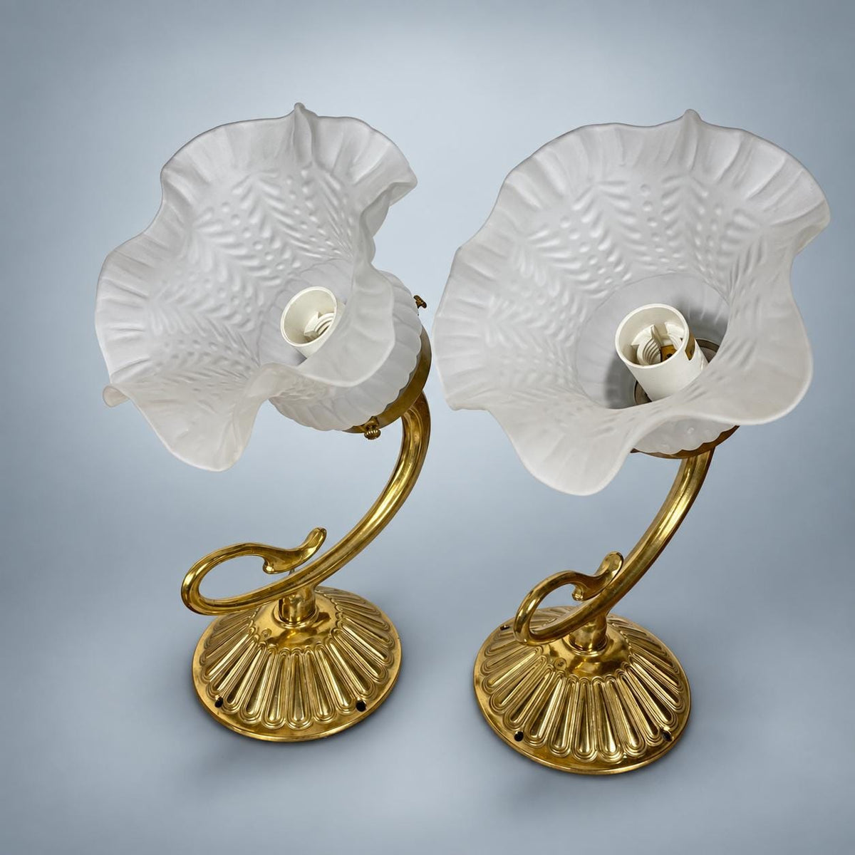 Pair of French Brass Swan Neck Wall Sconces, Frosted Glass Tulip Shades — France, Early 20th Century