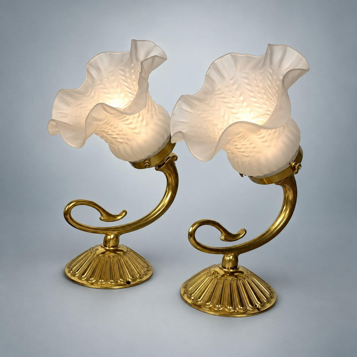 Pair of French Brass Swan Neck Wall Sconces, Frosted Glass Tulip Shades — France, Early 20th Century