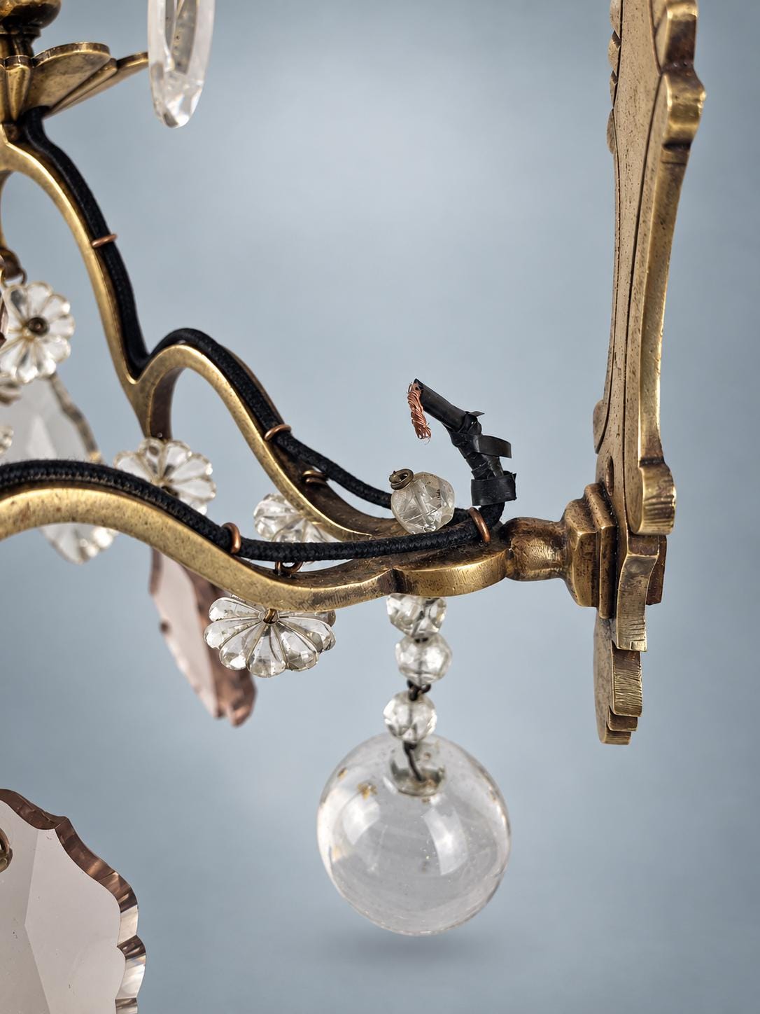 Pair of French Gilt Bronze Wall Sconces, Crystal Drops and Flower Pendants — France, Early 20th Century