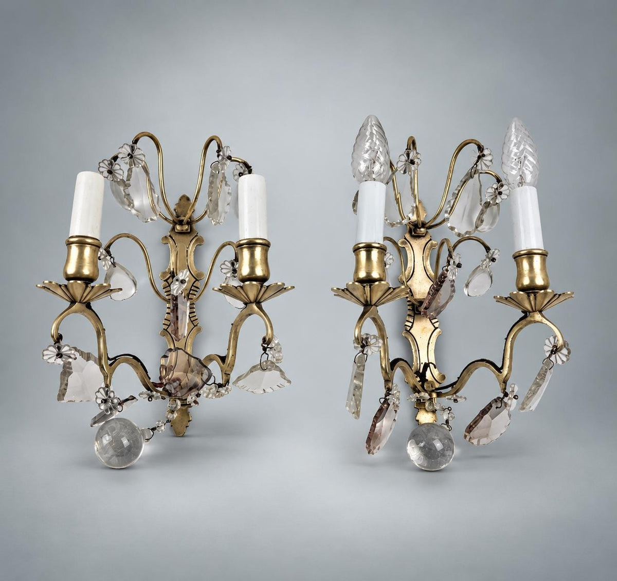 Pair of French Gilt Bronze Wall Sconces, Crystal Drops and Flower Pendants — France, Early 20th Century