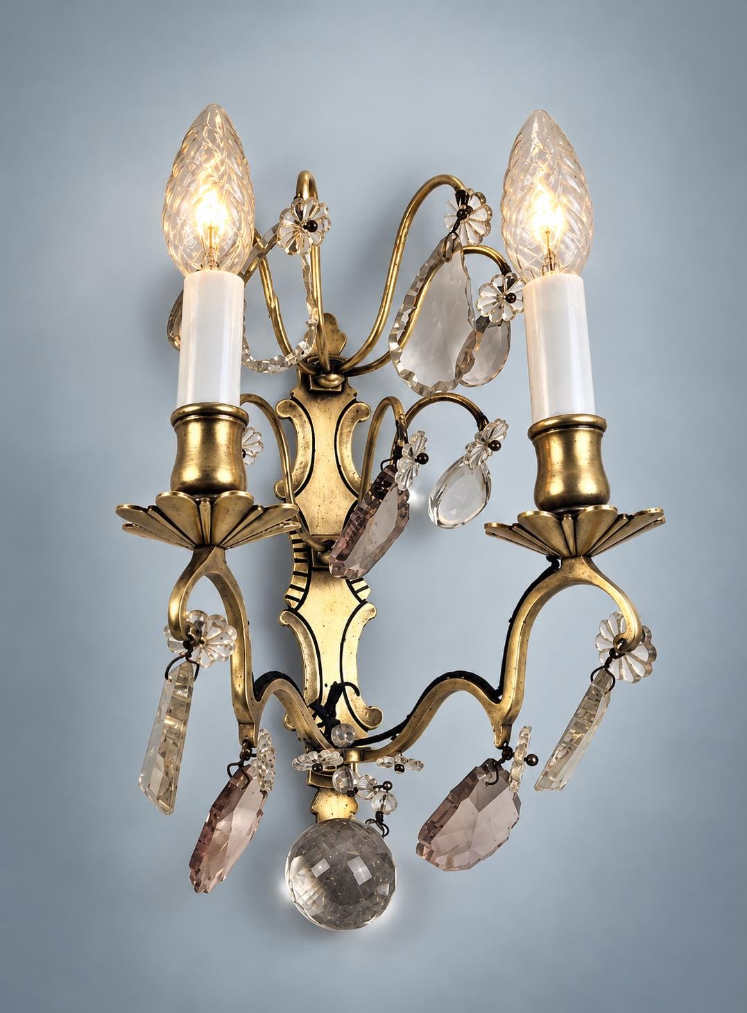 Pair of French Gilt Bronze Wall Sconces, Crystal Drops and Flower Pendants — France, Early 20th Century