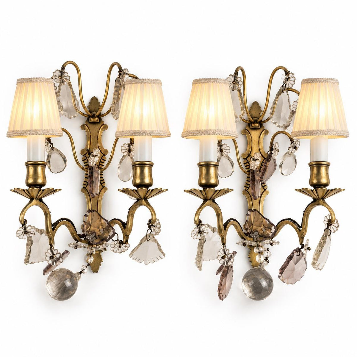 Pair of French Gilt Bronze Wall Sconces, Crystal Drops and Flower Pendants — France, Early 20th Century