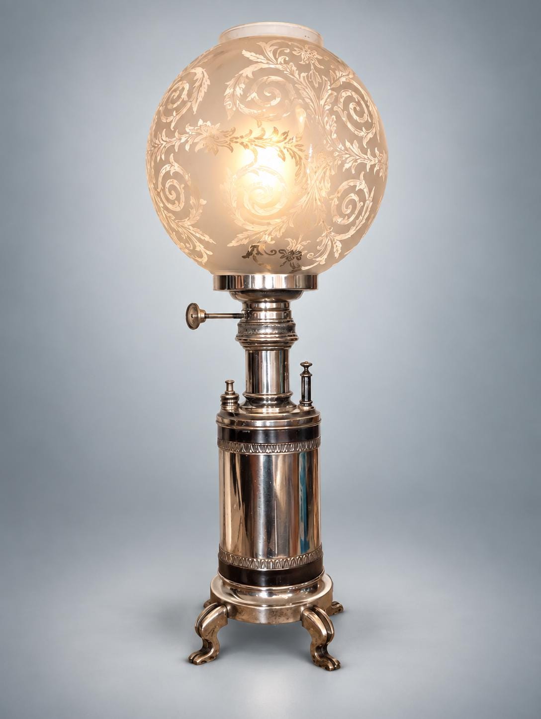 Antique Silver-Plated Table Lamp, Etched Glass Globe Shade, Converted Oil Lamp — Europe, Late 19th Century