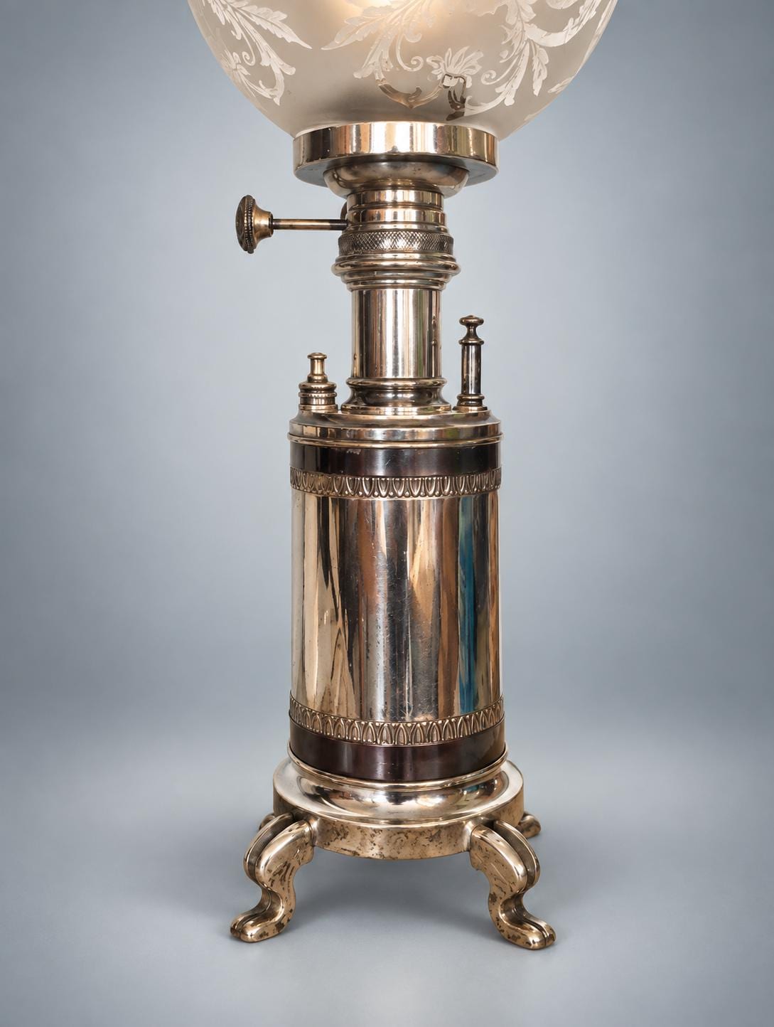 Antique Silver-Plated Table Lamp, Etched Glass Globe Shade, Converted Oil Lamp — Europe, Late 19th Century