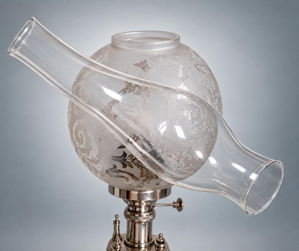 Antique Silver-Plated Table Lamp, Etched Glass Globe Shade, Converted Oil Lamp — Europe, Late 19th Century