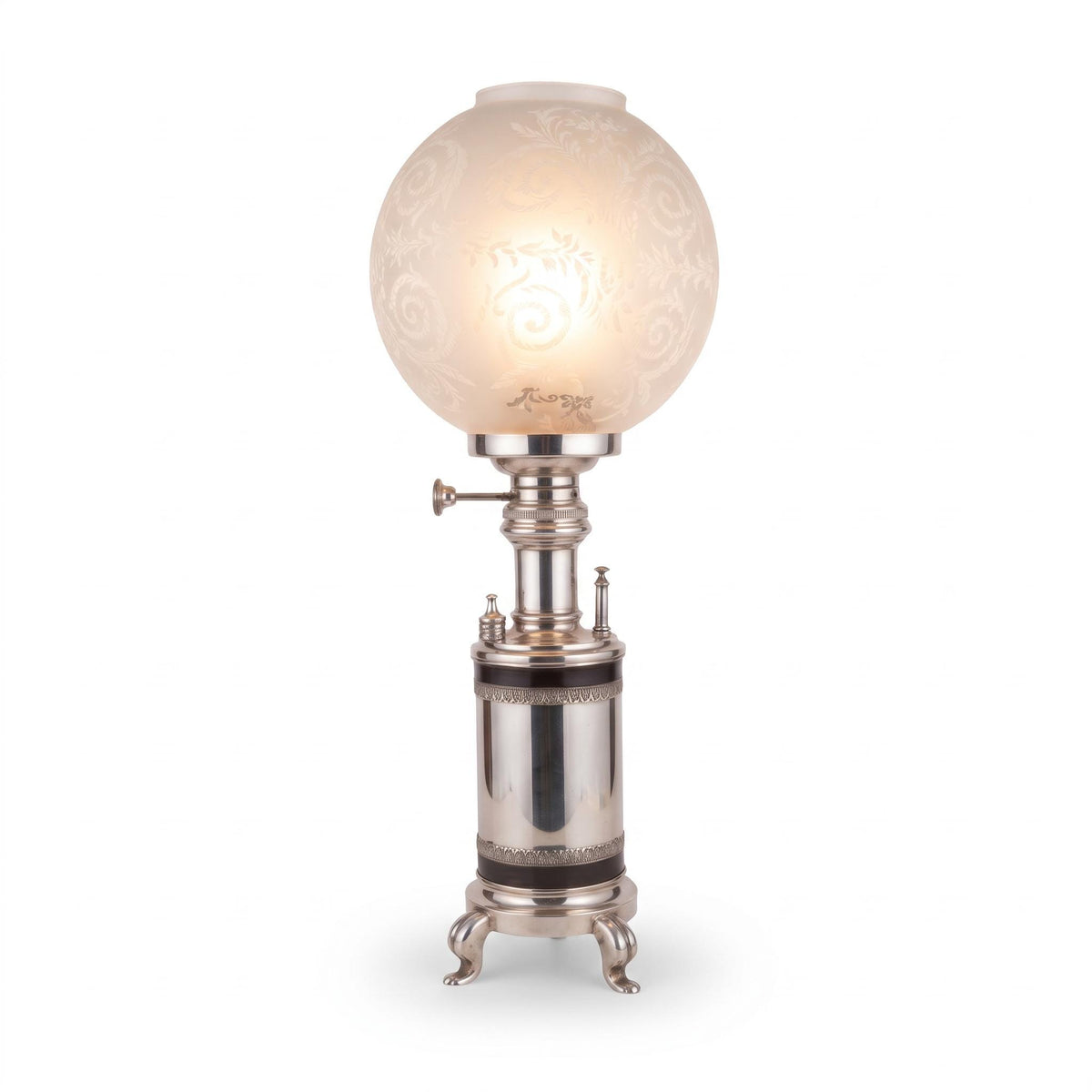 Antique Silver-Plated Table Lamp, Etched Glass Globe Shade, Converted Oil Lamp — Europe, Late 19th Century
