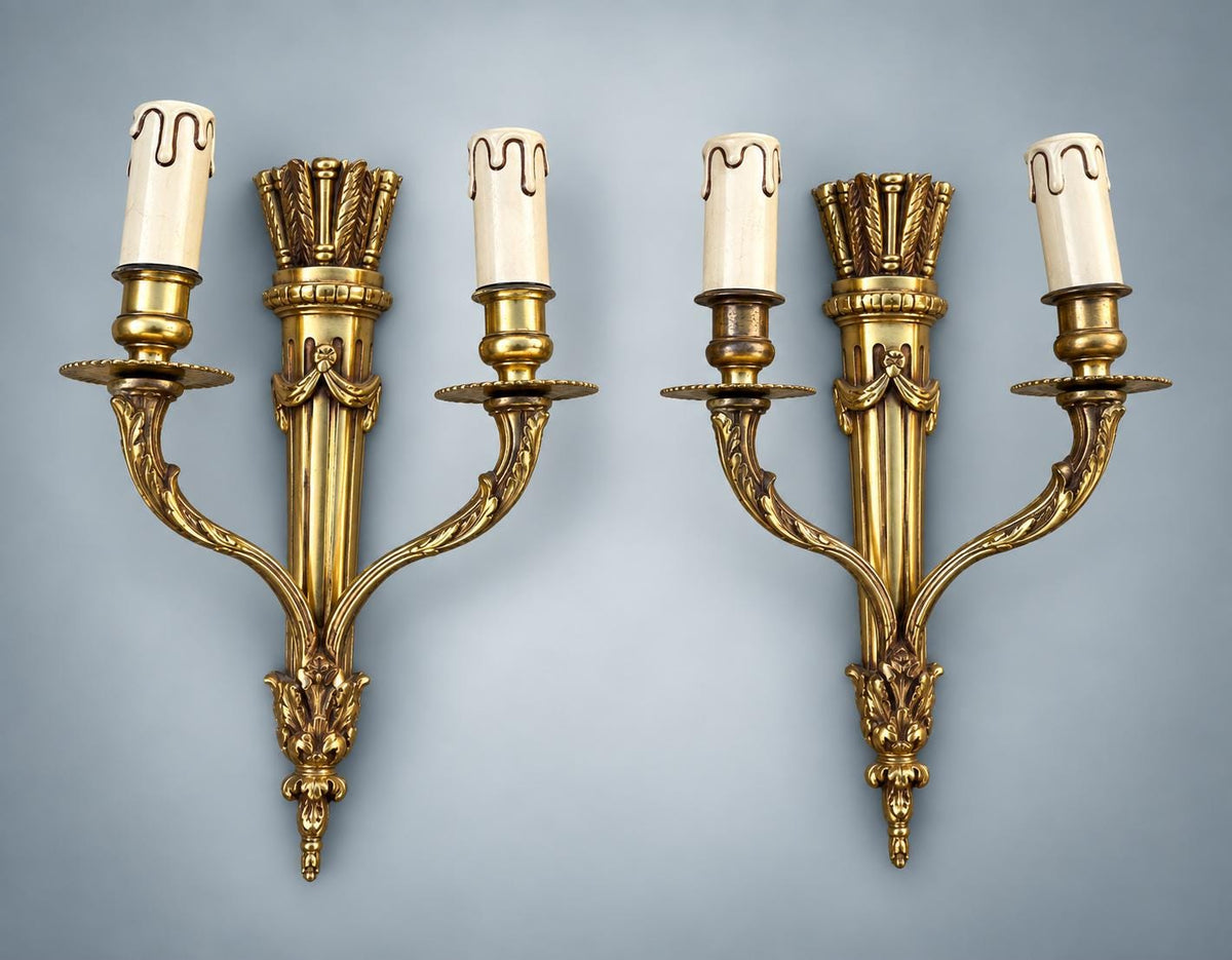Pair of Antique French Gilt Metal Wall Sconces, Louis XVI Style — Scrolled Two-Light Torch-Form Sconces