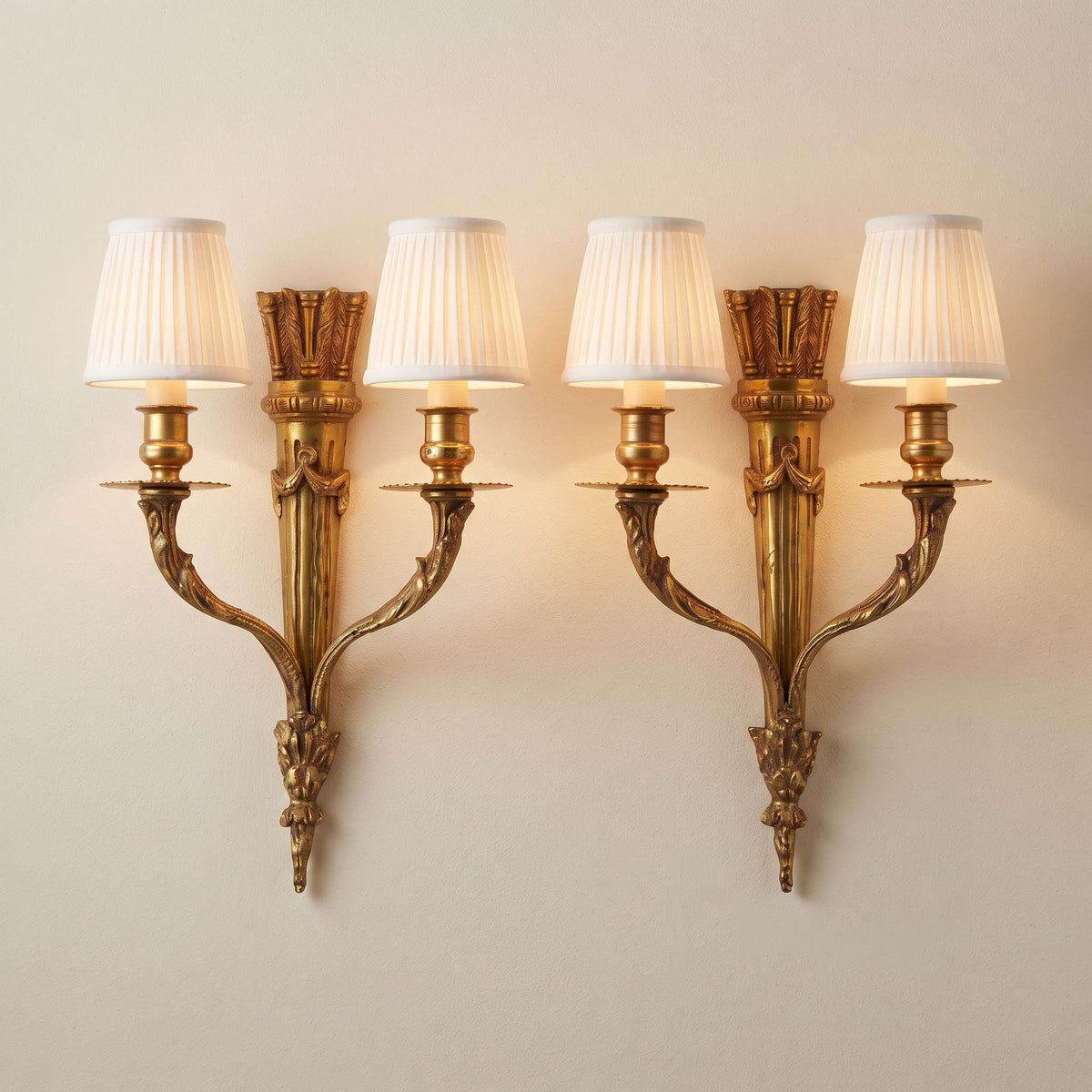 Pair of Antique French Gilt Metal Wall Sconces, Louis XVI Style — Scrolled Two-Light Torch-Form Sconces