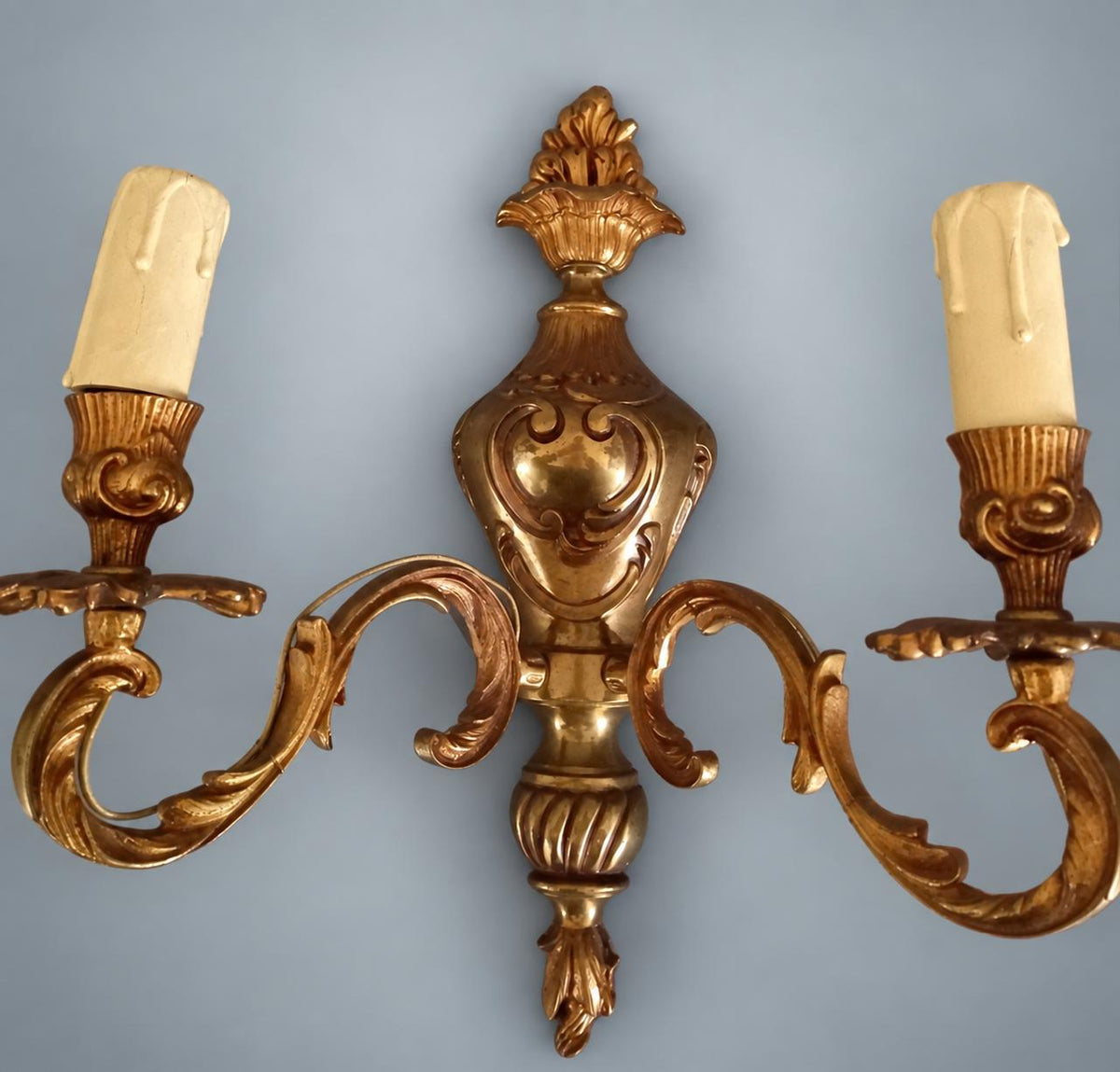 Pair of French Gilt Bronze Two-Arm Wall Sconces, Louis XV Rocaille Style — France, Early 20th Century