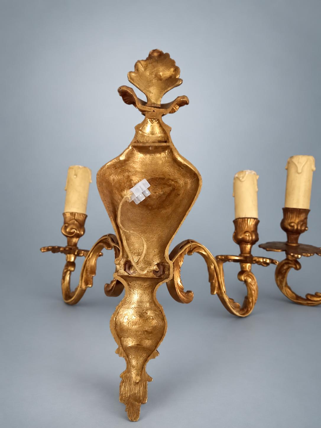 Pair of French Gilt Bronze Two-Arm Wall Sconces, Louis XV Rocaille Style — France, Early 20th Century