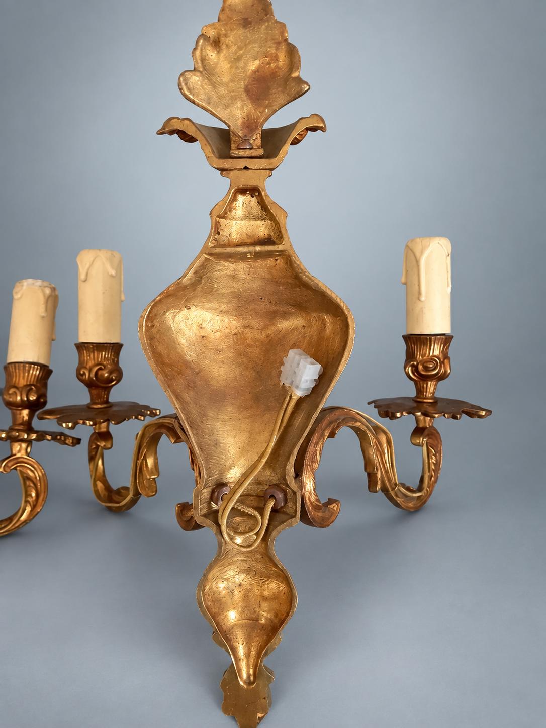 Pair of French Gilt Bronze Two-Arm Wall Sconces, Louis XV Rocaille Style — France, Early 20th Century